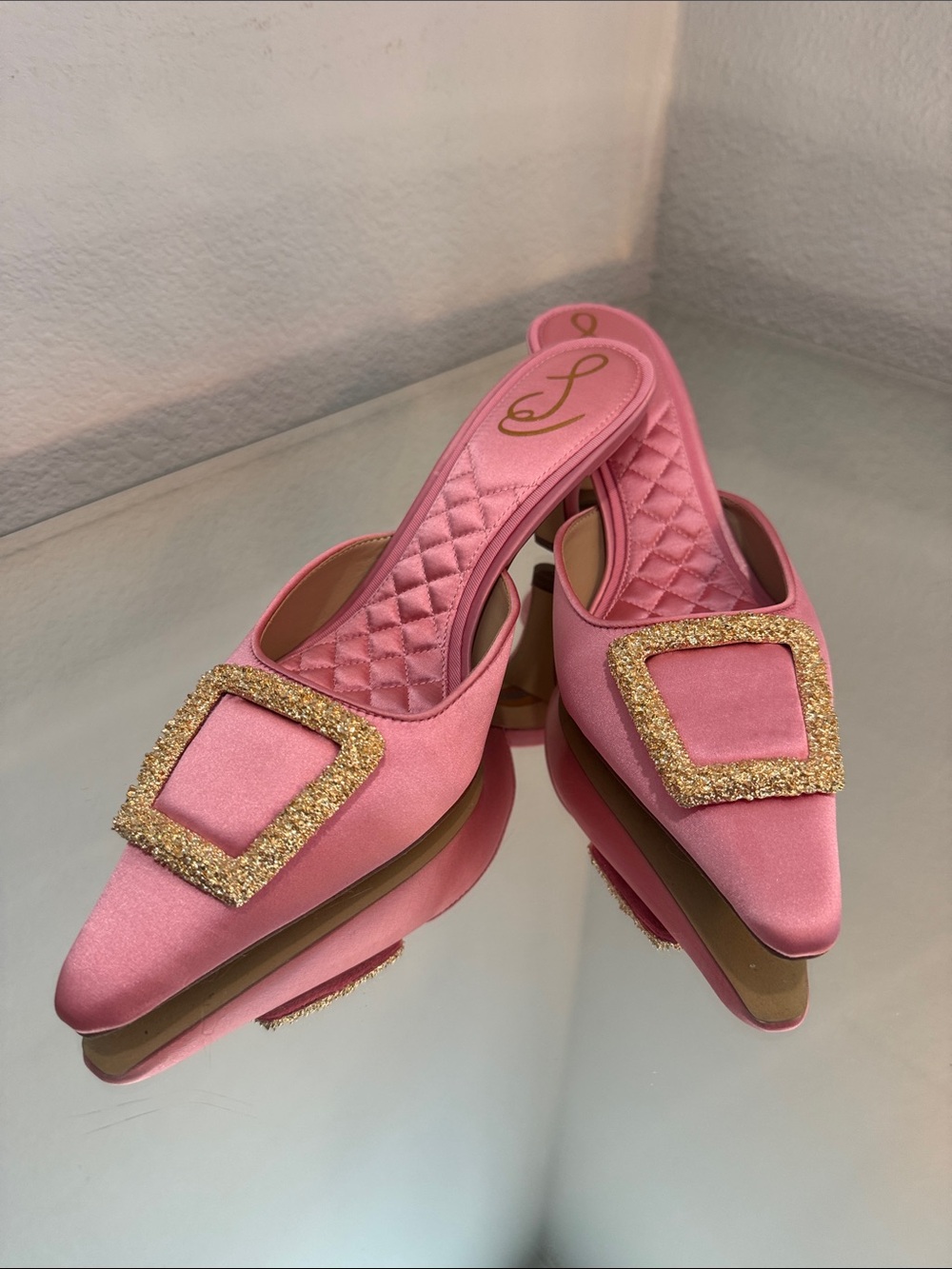 Sam Edelman Pink Satin Pointed Mule with Gold Crystal Buckle